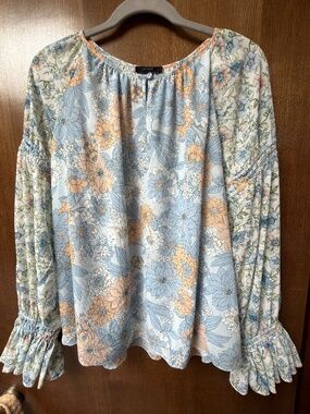 $125 J.Crew Light Blue Floral Peasant Blouse with Yellow Blooms size XL